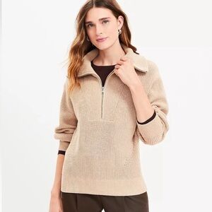 LOFT Tan Ribbed Quarter Zip Sweater